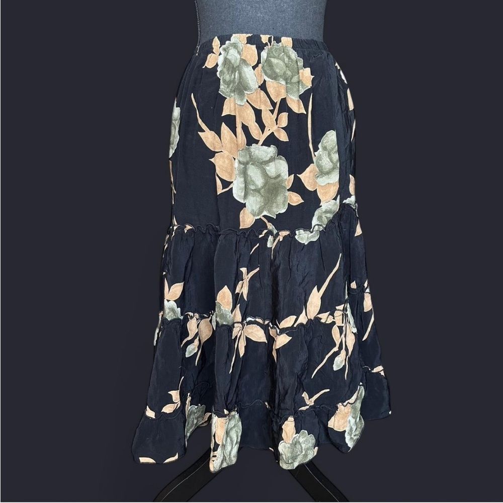 VTG Black Floral Tiered Maxi Skirt Elastic Waistband size M